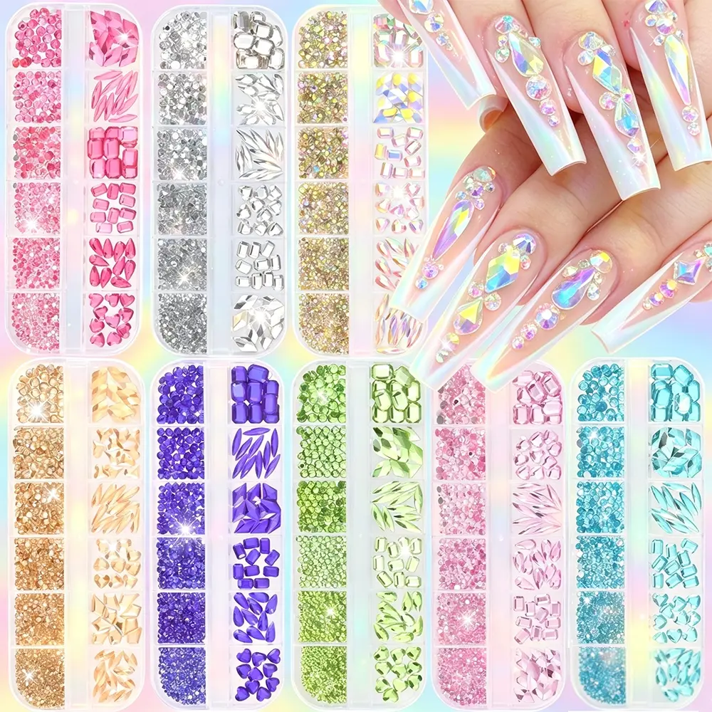 Color Options 12 Grid 3D Point Back Nail Rhinestones, Rose Pink Lake Blue Olive Clear AB Full Set, Mixed Micro & Large Crystal Storage Box, Strong Adhesion No Fall Off Budget DIY Nail Accessories For Students