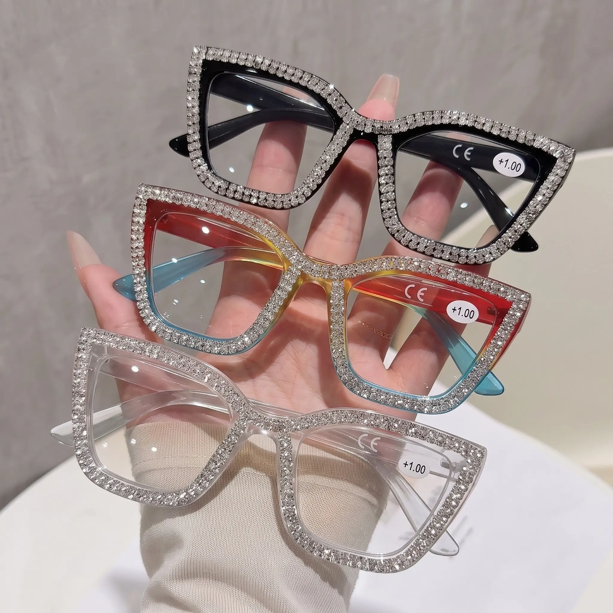 3pcs Luxury Flashing Cat Eye Reading Glasses, Multicolor Frame with Rhinestones, Fashionable Women's Blue Light Blocking Eyewear