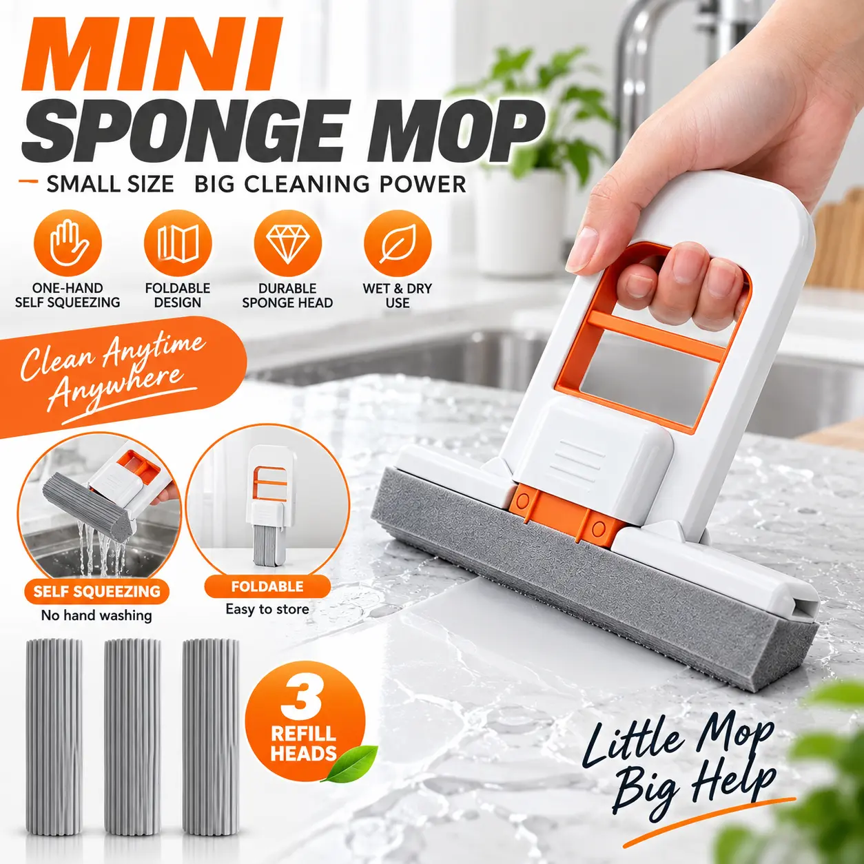 Self-Squeeze Mini Sponge Mop (1-Pack) with 3 Replacement Heads, Durable Sponge-Plastic Build, 1-Hand Operation, Foldable for Wet-Dry Cleaning of Kitchen, Bathroom Surfaces - Replacement Head Mops
