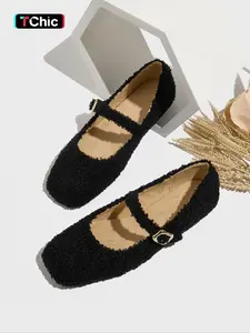 Women's Fashion Flat Square Toe Faux Fur Single Shoe, Retro Style, Comfortable Outdoor Maternity Shoes, Spring & Fall, Furry Shoes