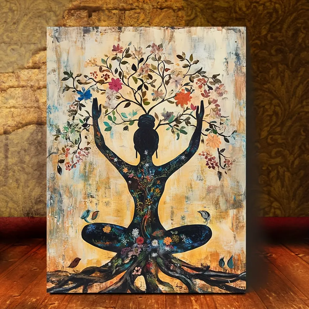 2D Flat, 1Pc Tree of Life and Yoga Meditation Canvas Painting - Spiritual Wall Art, featuring Mandala Yoga Poses, suitable for mindfulness decoration in the living room, bedroom, or yoga room - Ready-to-hang relaxation space decor, high-quality print, ide