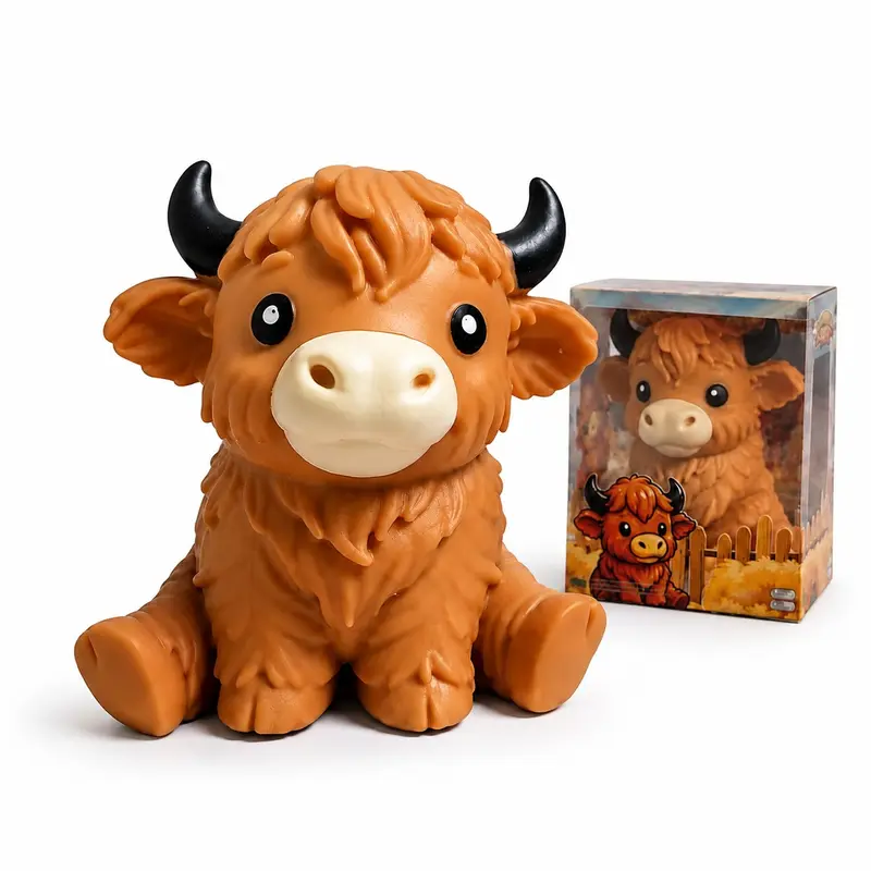 Cute Highland Cow Desk Pet & Stress Relief Figurine, Emotional Support Scottish Cattle Miniature Statue for Office Desktop, Farmhouse Bookshelf Decor, Figure Decor, Funny Gag Gift Idea for Cow Lovers & Coworkers
