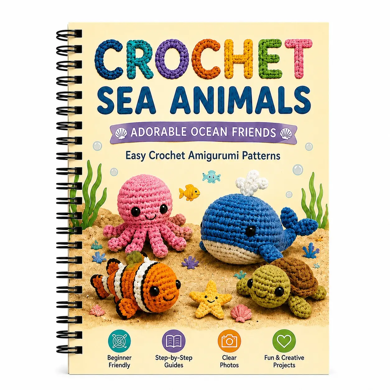 Crochet Sea Animals Tutorial Book, A5 Spiral Binding Amigurumi Doll Guide, Perfect for Octopus, Whale, Clownfish, Turtle, Starfish Crafts and Gifts