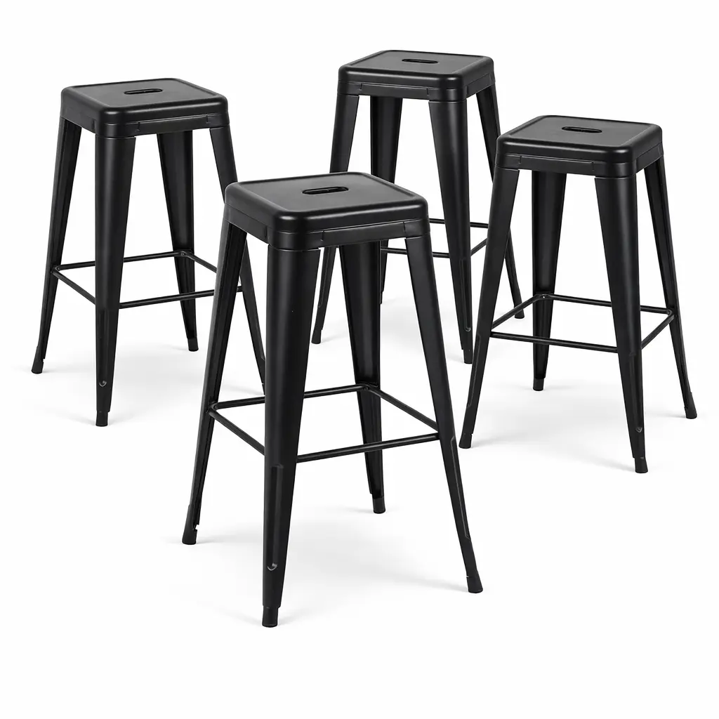 Midnight Black 30 Inch Metal Bar Stools Set of 4, One-Piece Cold-Rolled Steel Counter Height Stools for Kitchen Island, Industrial Stackable Backless Barstools, Black Indoor Outdoor Kitchen Chairs with Footrest.
