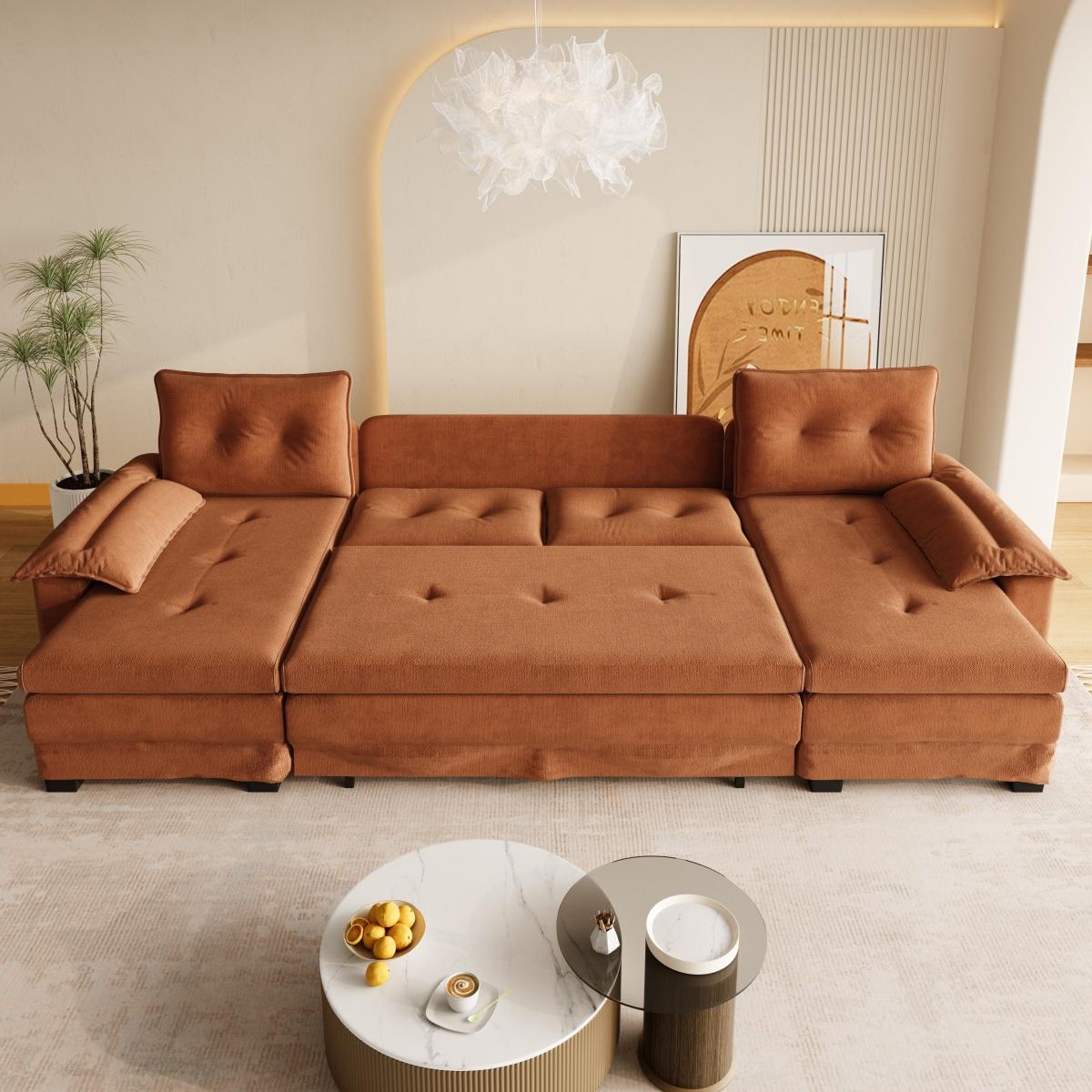 109.5" U-Shaped Sleeper Sofa with Pull Out Bed,2 in 1 Convertible Couch Bed with Removable Armrests & USB Ports,Oversized Sectional Modular with Chaise Lounge for Living Room/Apartment,Orange RR 109.5" U-Shaped Sleeper Sofa with Pull Out Bed,2 in 1 Convertible Couch Bed with Removable Armrests & USB Ports,Oversized Sectional Modular with Chaise Lounge for Living Room/Apartment,Orange RR