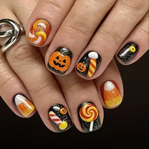 Short Ballerina Nails, Textured Finish, Halloween Pumpkin Candy Design, 24pcs Fake Nails, DIY for Women & Girls, All Seasons