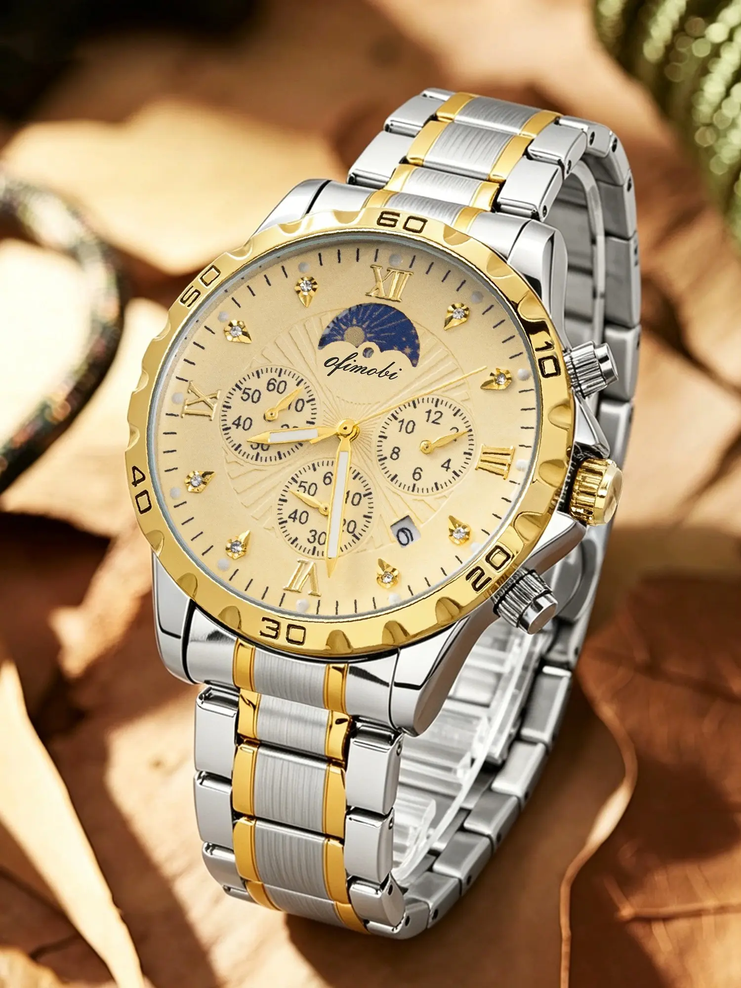 OFIMOBI Luxury Moon Phase Men Stainless Steel Waterproof Quartz Watch