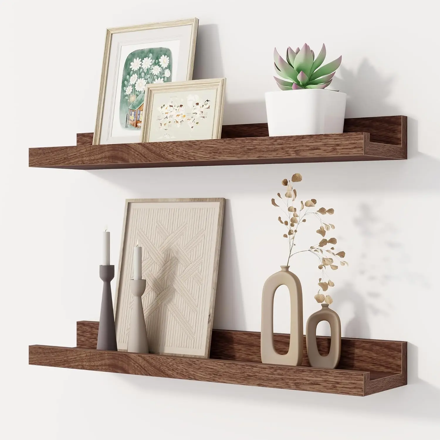 Floating Picture Ledge Shelves Set of 2, 16 Inch Solid Wood Wall Shelves with Lip, Large Nursery Book Shelf for Toys Storage, Kids Bookshelf, Living Room, Bedroom Decor Frames, Walnut Color
