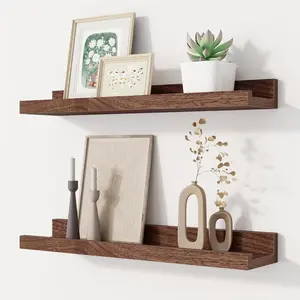 Floating Picture Ledge Shelves Set of 2, 16 Inch Solid Wood Wall Shelves with Lip, Large Nursery Book Shelf for Toys Storage, Kids Bookshelf, Living Room, Bedroom Decor, Walnut Color