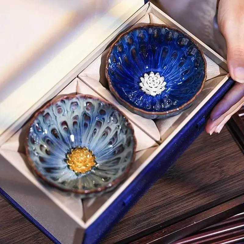 Dunhuang Lotus Acoustic Well Pattern Pair of Cups Tea Set, Gift Box for Wedding, Cultural and Creative Birthday, Newlywed Gift