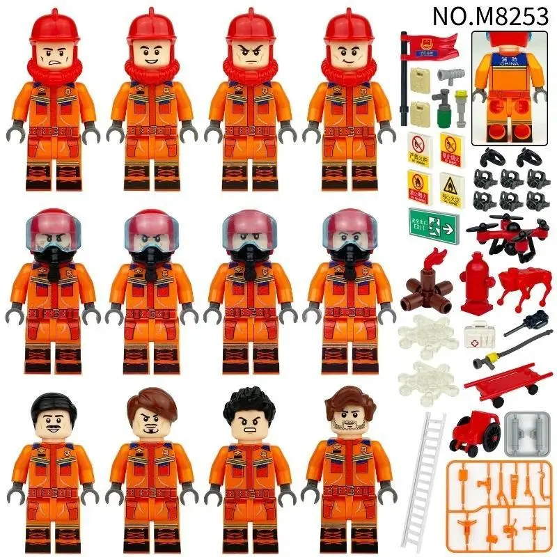 M8253 double-sided printing blue sky fire rescue team children assembled small toy stretcher wheel.