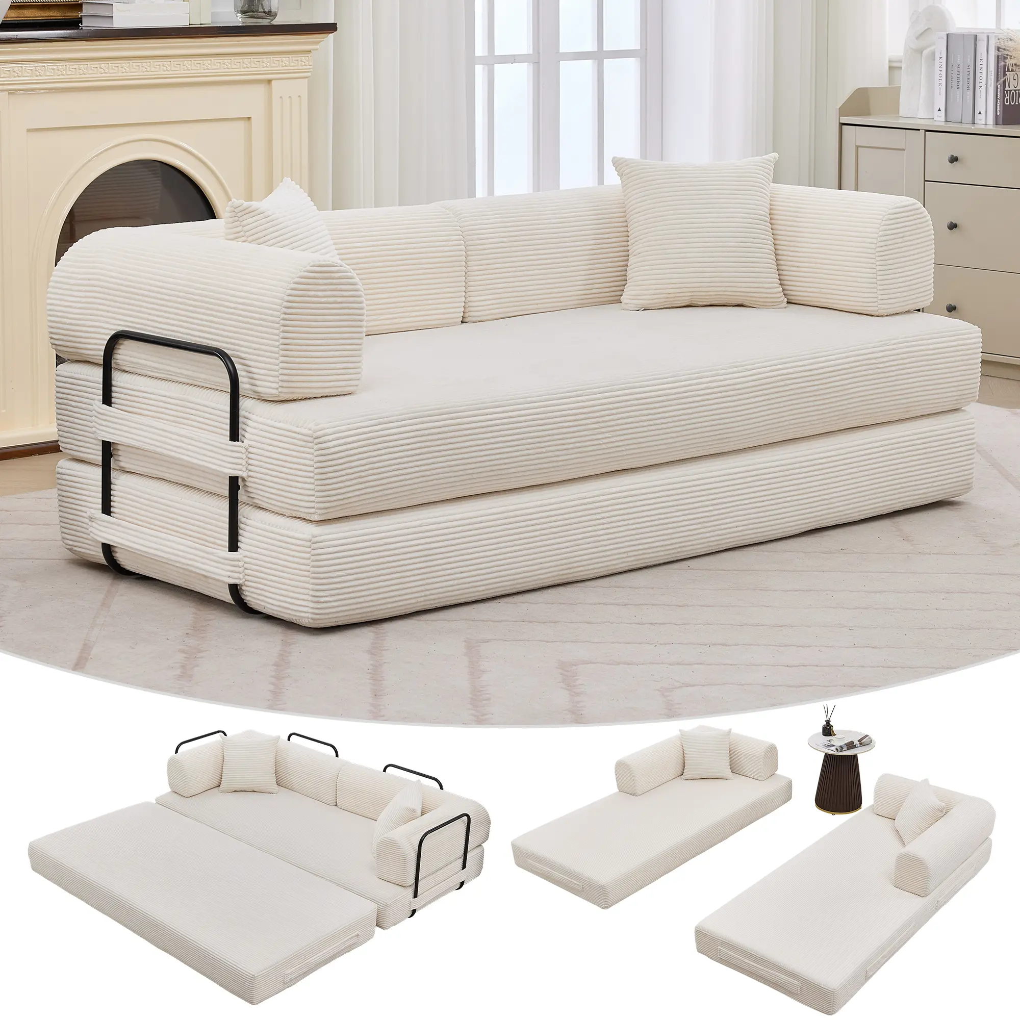 Summervibes Flash sale home items 4-in-1 Convertible Sleeper Sofa Bed – Corduroy Sectional Couch with Pull-Out Bed, Boneless Folding Loveseat, Soft Pillows, Modern Space-Saving No-Assembly Sofa for Living Room or Bedroom