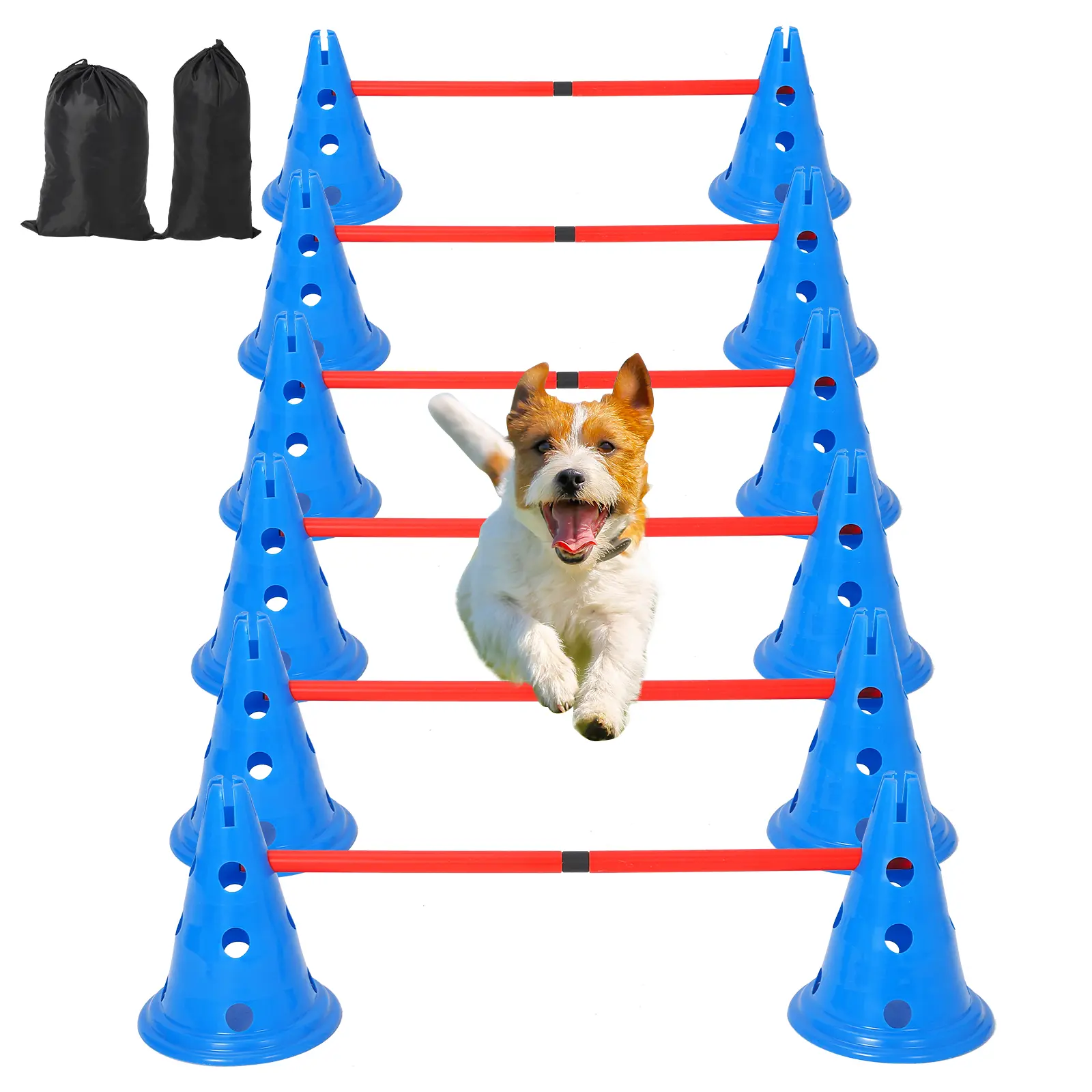 Dog Agile Hurdle Cone Set, Dog Training Agile Equipment with Height Adjustable Crossbar for Beginners & Advanced,Dog Obstacle Courses with 12 Cones & 6 Agile Rods & Carry Bag