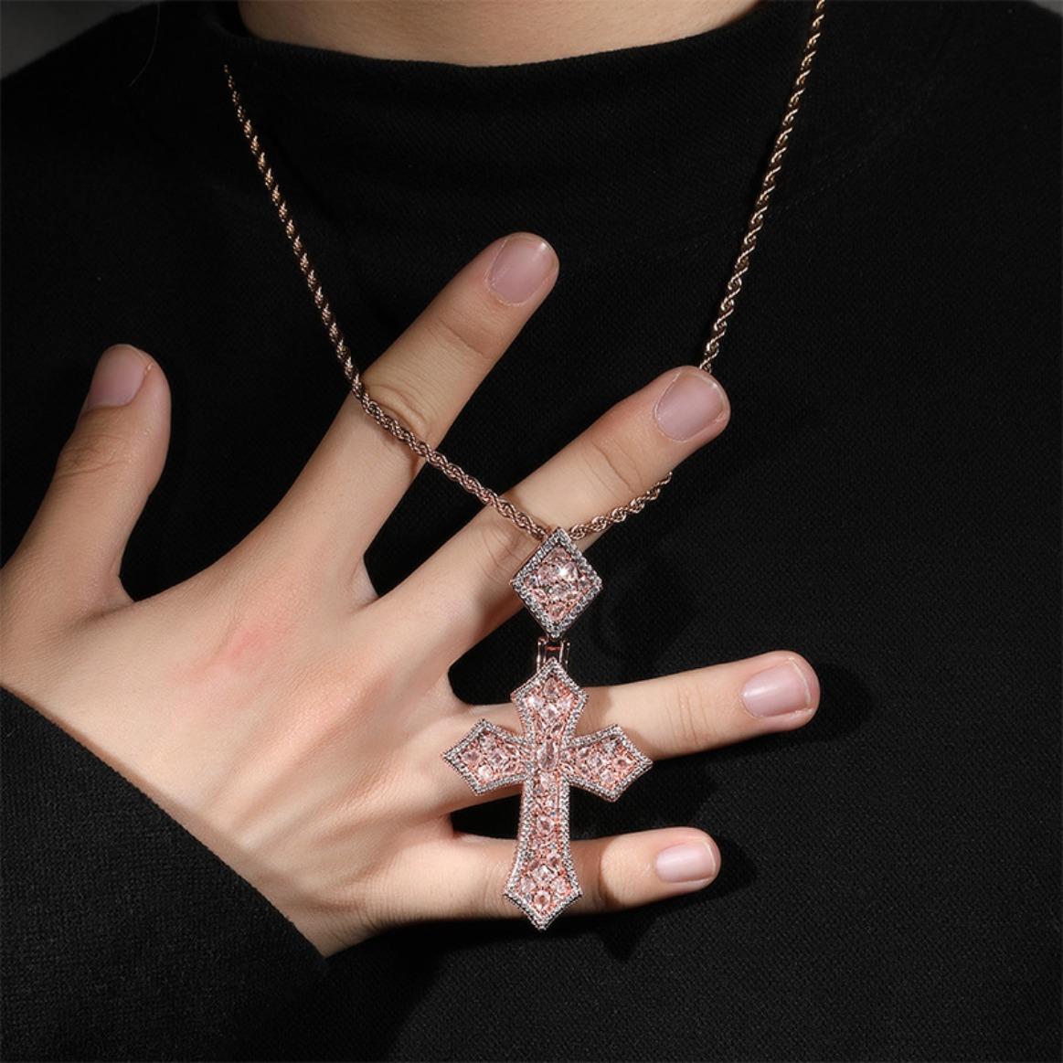 5A+ Sri Lanka Colorful Moissanite Rhomboid Gothic Cross Pendant With Necklace, Miami Italy Mexico & Micro Inspired for Women & Men, Luxury Jewelry, Daily Wear, Casual Fashion, Gift, Classic Hip Hop Simple Sporty