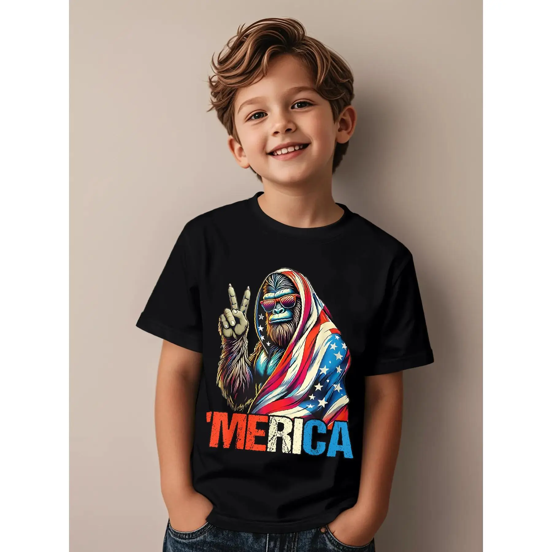 Sasquatch Rock American Flag Patriotic 4th Of July Novelty Graphic Kid T-Shirt - Child Size, Classic, American Retro Boys' T-Shirts, Streetwear Tops, Child Size Boys' T-Shirts