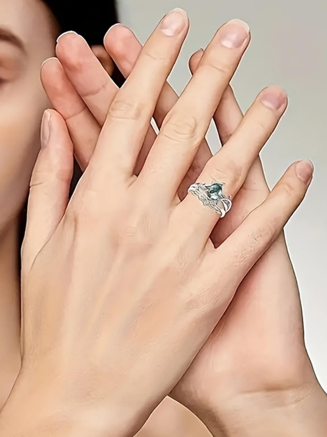 S925 Sterling Silver Natural Grass Agate Ring Set, with Box, Fashion Accessories for Women & Men, Statement Ring, Trendy All-match & Exquisite Jewelry for Birthday Gift, Bridal Engagement Ring, Wedding Engagement Ring