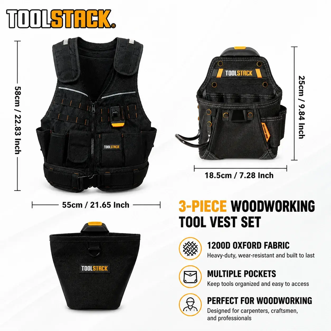 TOOLSTACK 3PCS Woodworking Tool Vest Set 1200D Oxford Fabric Multi-Pocket Utility Vest with Tool Pouch & Belt Holster for Carpen