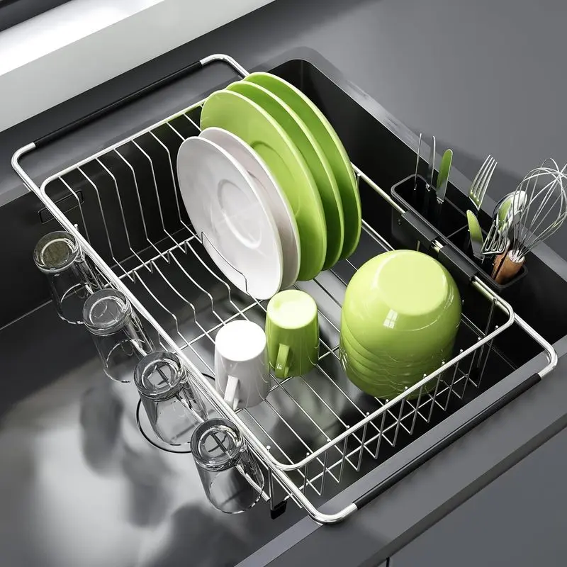 Expandable Stainless Steel Dish Drying Rack, Over-the-Sink Strainer with Utensil Holder, Fast-Drain Space Saver for Small Kitchens, Silver