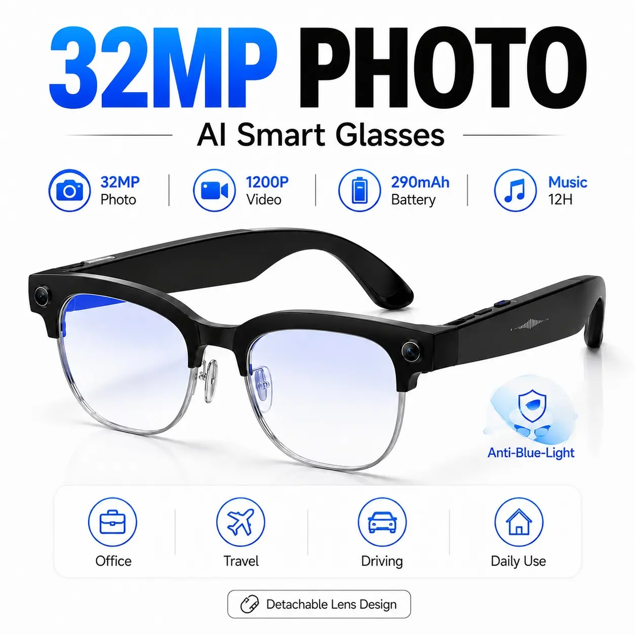 Content Creator Wearable All-in-one smart eyewear for immersive first-person vlog capture, stabilized smooth footage recording, dual intelligent AI real-time language translation, crystal clear open ear call audio with noise reduction, IP66 all weather re