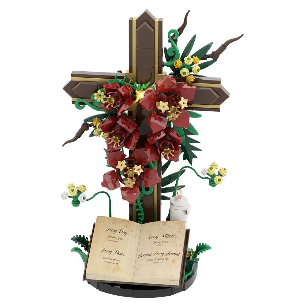 MOC Cross Flower Building Blocks Jesus Cross Tulip Decorative Bricks Adult Toy Christmas Gift