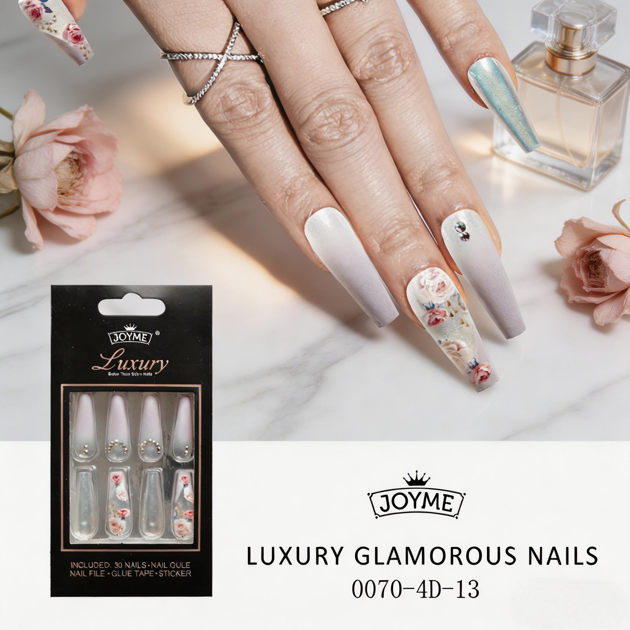 30Pcs Luxury 3D Embossed Long Coffin Press On Nails, Large Rhinestone Inlay Reusable False Nails with Glue & Full Tool Kit for Women