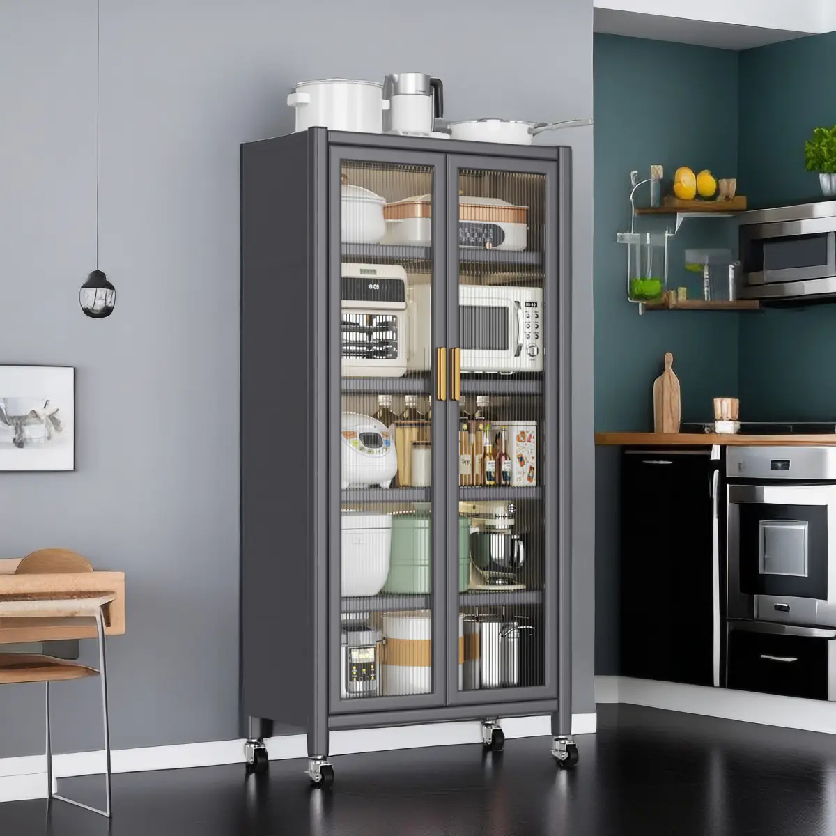 67.3" Kitchen Pantry Storage Cabinet with Magnetic Door, Adjustable Shelves & Wheels,Metal Tall Food Pantries Cabinets,for Kitchen, Living Room and Dining Room, Gray