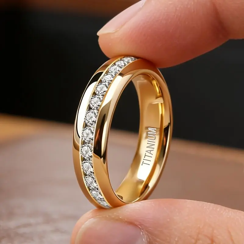 Steel Synthetic Synthetic Zirconia Ring Full-Circle Wide 4mm Golden Fashionable Luxury Ring for Women and Men, Wedding Engagement Jewelry Gift
