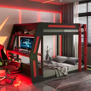 Full-size gaming bunk bed featuring a side-mounted extra-large RGB desk, a heavy-duty esports loft bed frame, USB charging ports and cable management holes, support for multi-monitor setups, LED light strips for gaming consoles or streaming equipment, and