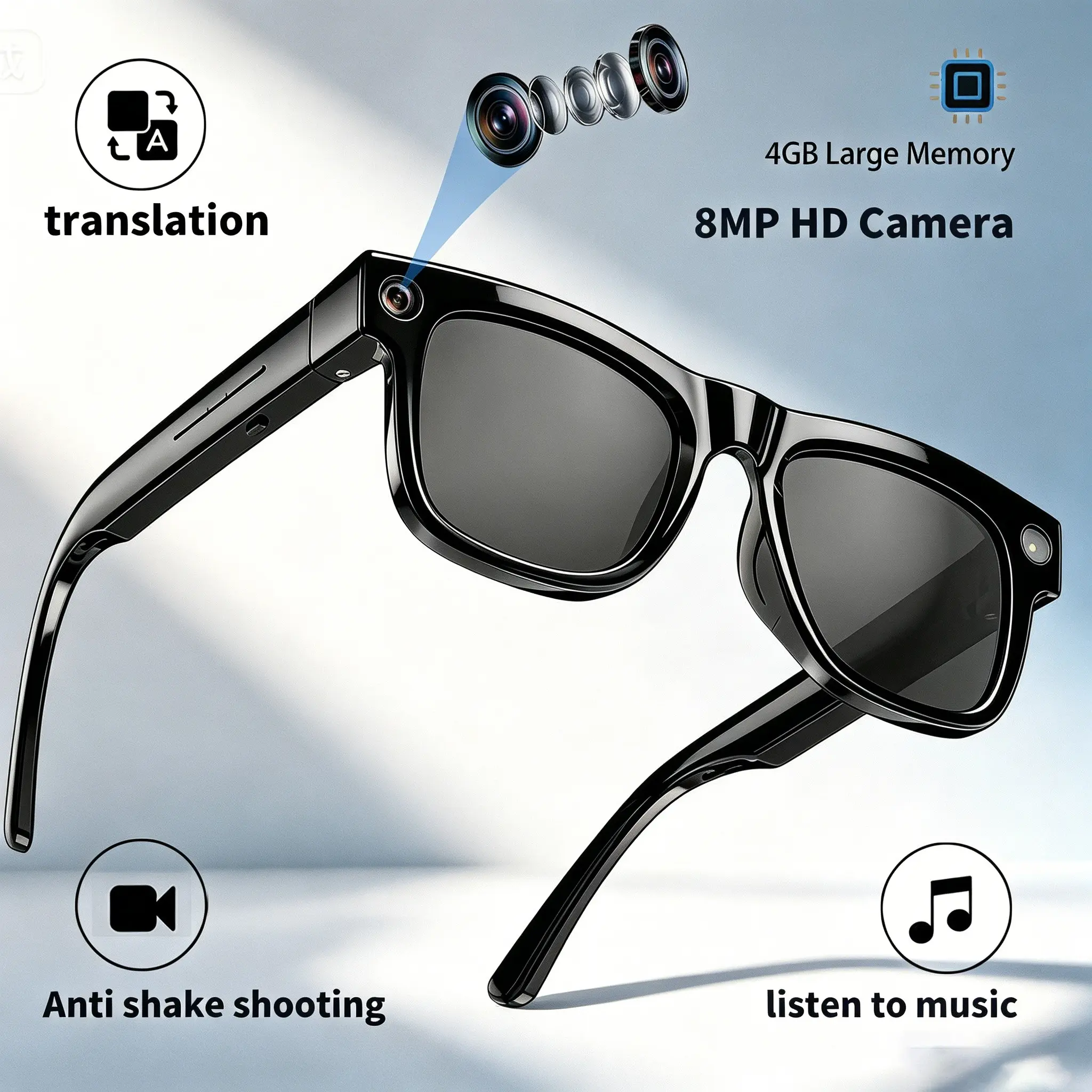 Ai Smart Camera Glasses, 8mp Camera, 1080P Video Recording, Real-Time Object Recognition, Bluetooth-compatible Voice Control, Eis Stabilization, 4GB Memory, HD Smart Glasses