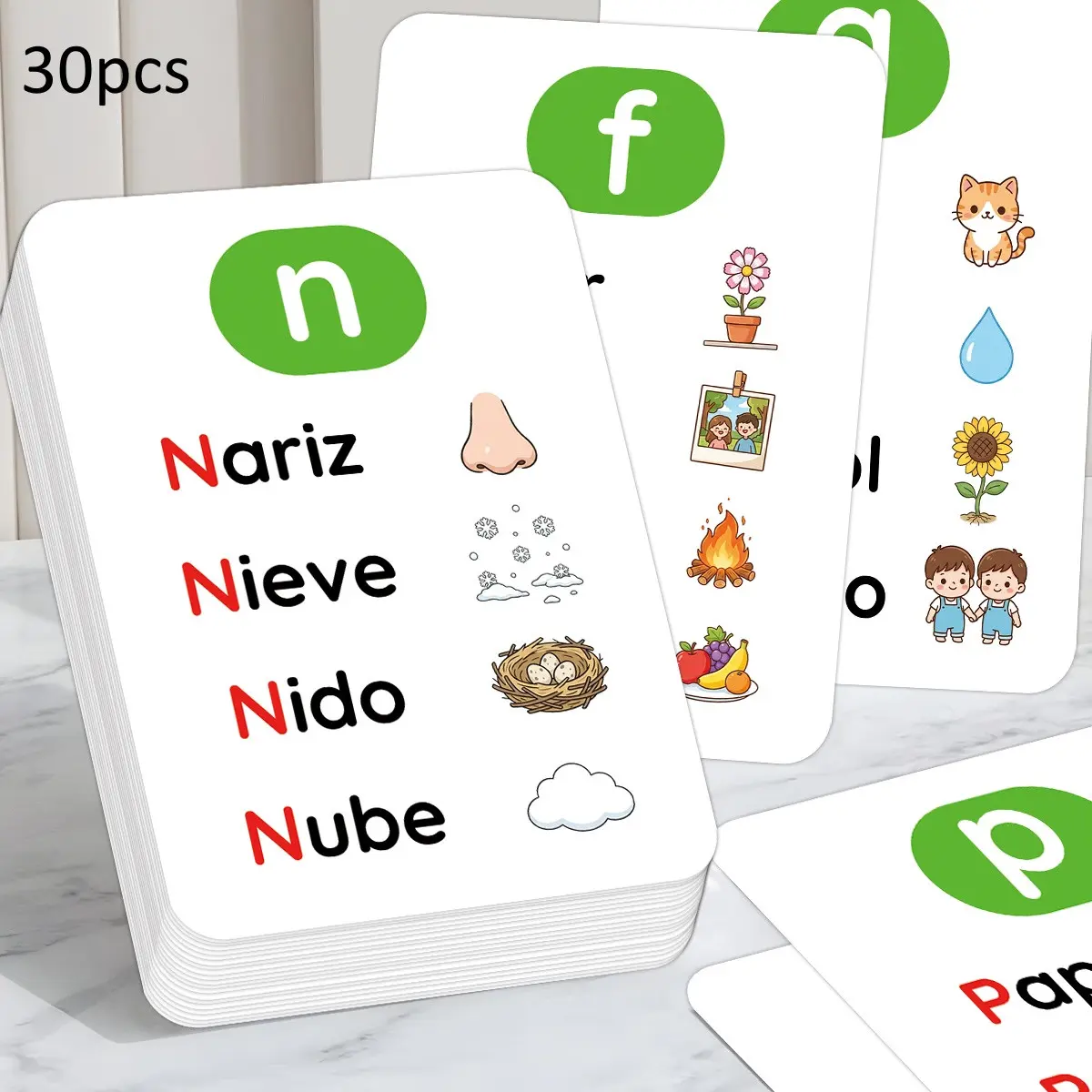 30pcs Spanish Sounds Flashcards - Spanish Phonics & Vocabulary Flash Cards, Alphabet & Letter Sound Cards with Cute Illustrations - Fun Spanish Language Learning for Beginner Flash Cards for Studying