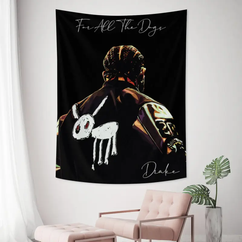 Drake singer For All The Dogs Tapestry - Braided Hair Male Back View Black Jacket Red Eyes White Puppy Doodle Sketch Artwork Poster Wall Hanging, Hip Hop Rap Music Album Theme Fabric Banner