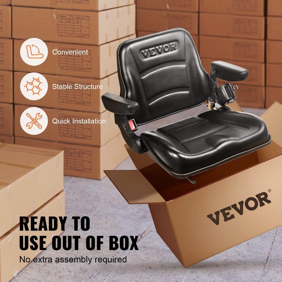 VEVOR Universal Forklift Seat, Fold Down Tractor Seat with Adjustable Angle Back, Micro Switch, Seatbelt and Armrests, 6.3-13.4 inch Slot Tractor Seat for Tractor Loader Excavator