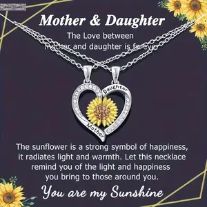 2Pcs Mom and Daughter Matching Sunflower Heart Necklace Set, Hollow Pendant Family Jewelry, Mother Daughter Bond Gift, Best Mom Birthday Gift, Mother's Day Present, Anniversary Keepsake Jewelry