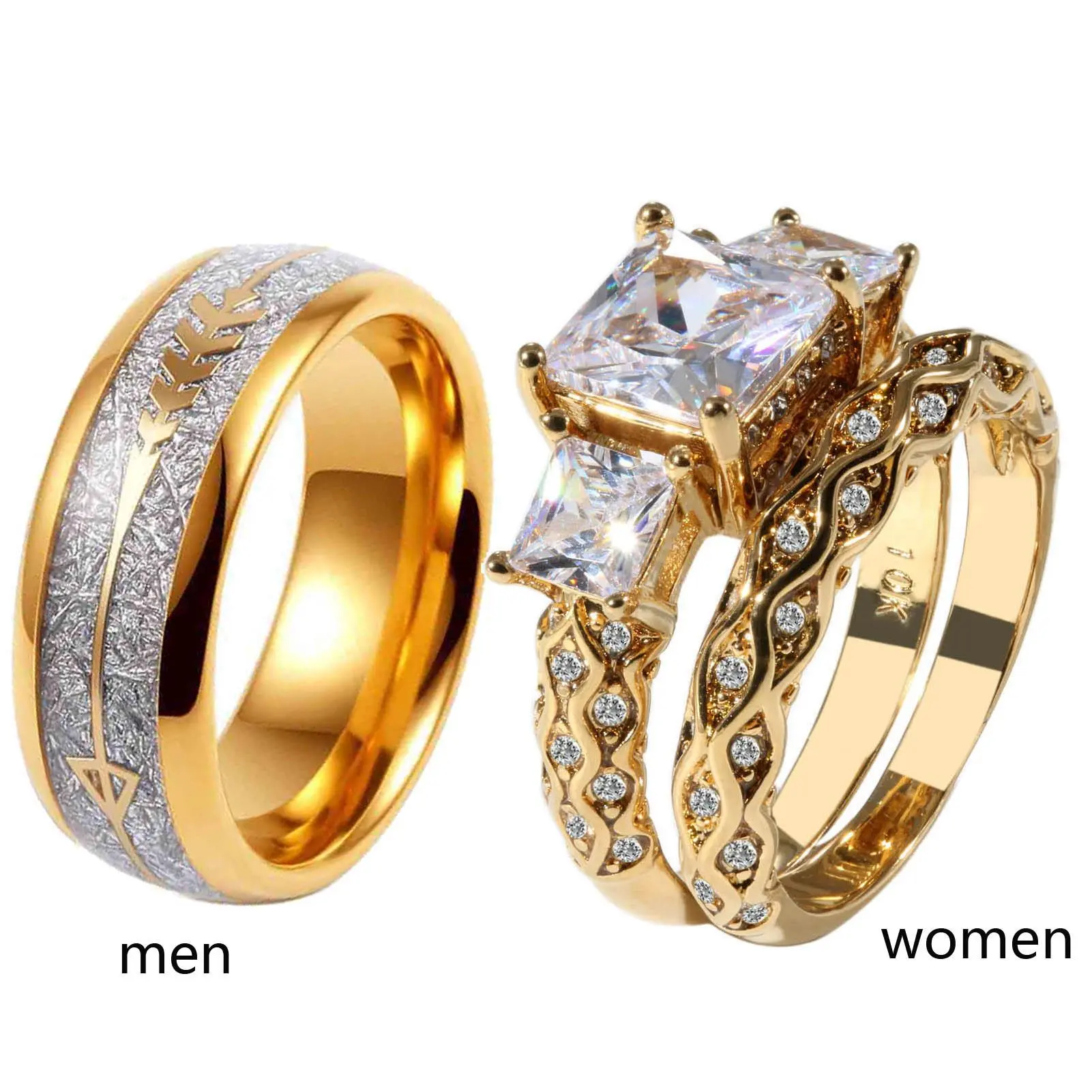 Ringcrown Couple Rings Matching Rings Princess Cut Three Stone 1.5ct CZ Yellow Gold Plated 2pcs Women Wedding Ring Sets For Him And Her Ring Sets Men Titanium Steel Wedding Band