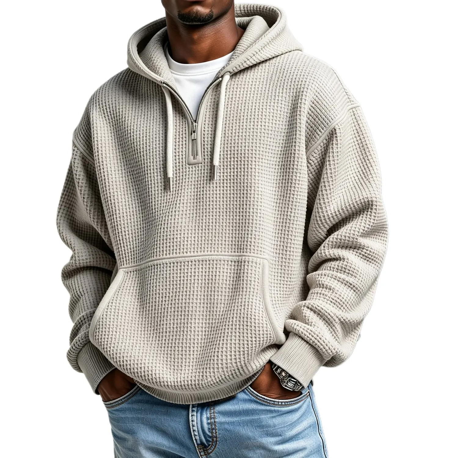 GYNLEUX Men's Classic Oversized Waffle Knit Half-Zip Hoodie - Drawstring Hood, Kangaroo Pocket, Thermal Long-Sleeve Fabric Pullover - Casual Street Top for Spring, Fall, Winter Daily Outdoor Use