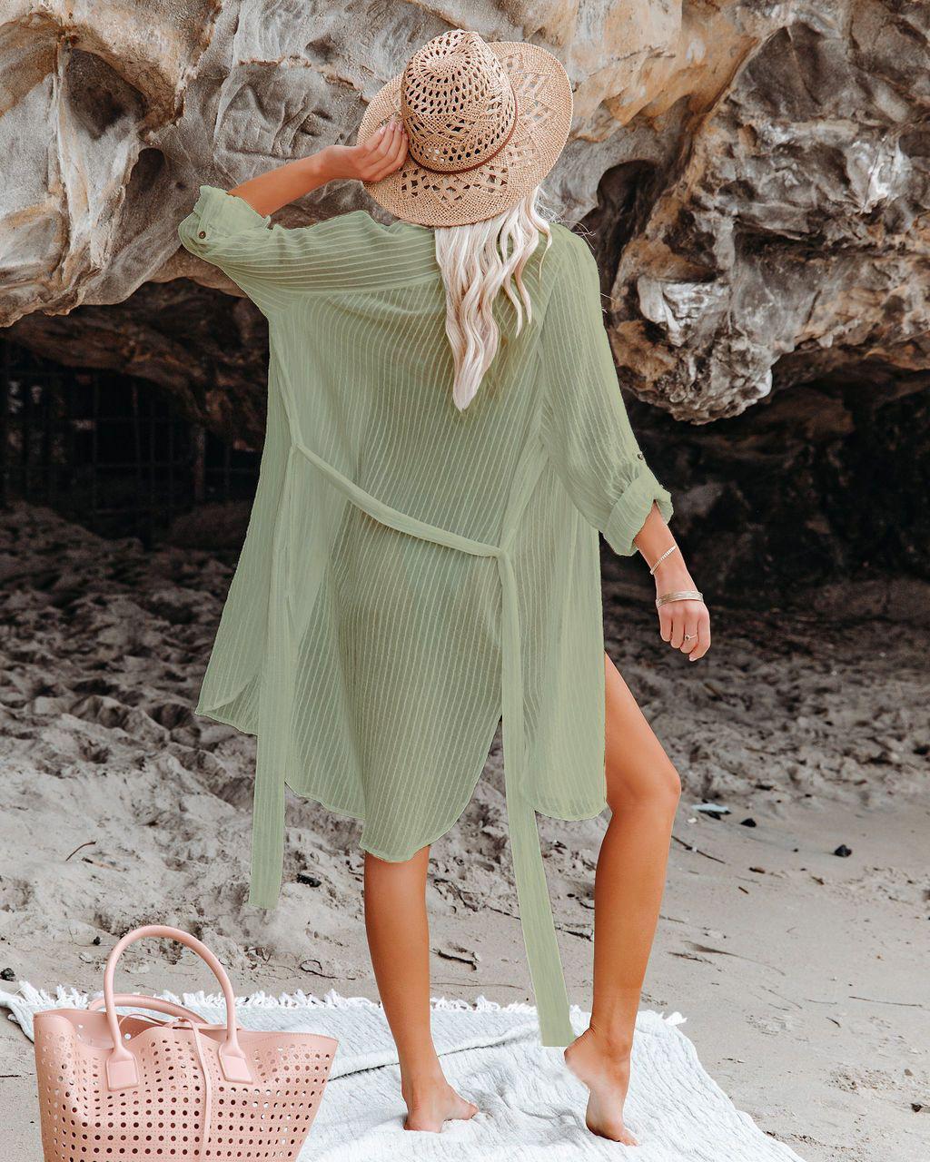 Women's Oversized Striped Sheer Shirt Beach Cover Up - Long Sleeve Button-Front Blouse for Summer Vacation,#ResortWear, Poolside Outfits & Beachwear,Shirt-style beach cover-up, vacation bikini sunscreen shirt