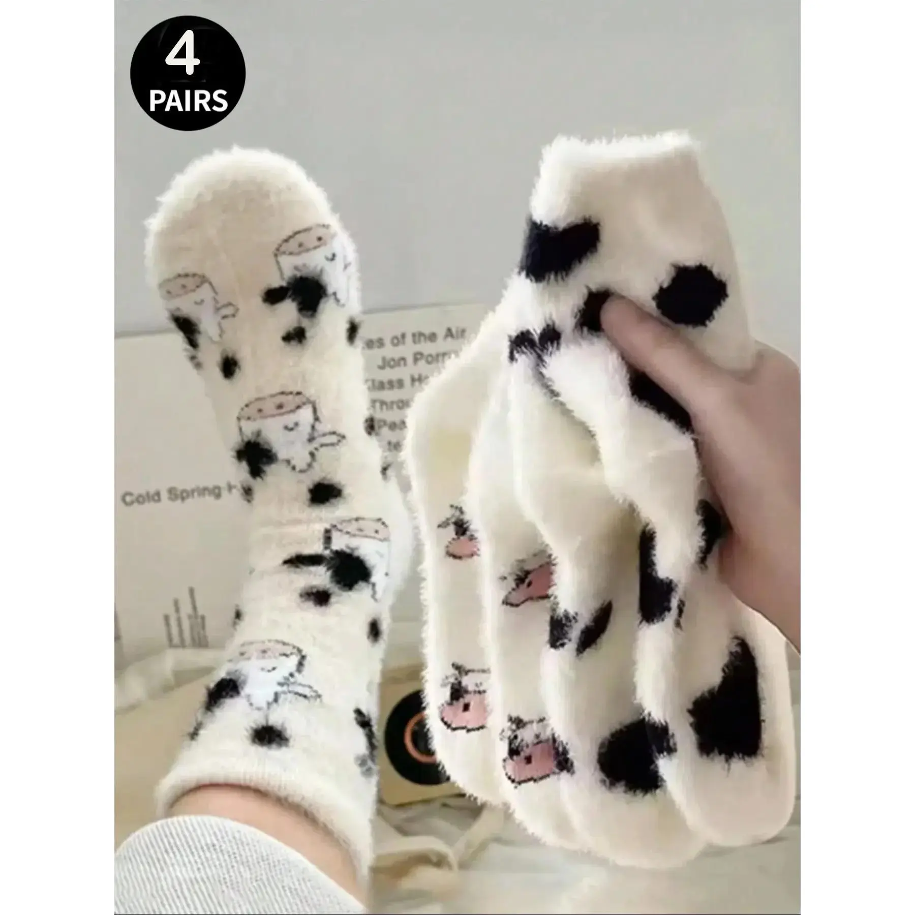 4 Pairs Cow Pattern Warm Mid-Calf Socks, Cute Soft Plush Fabric, Fitted Design for Girls' Autumn Winter Home & Casual Wear