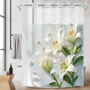 1PC/4PCS 2D Flat Printing White Lilies with Pearls on Marble Background Flower shower curtain, Decorative shower curtain, home bathroom decor, shower curtain set with 12 hooks, non-slip bathroom rug, U-shaped toilet seat cover, toilet seat mat
