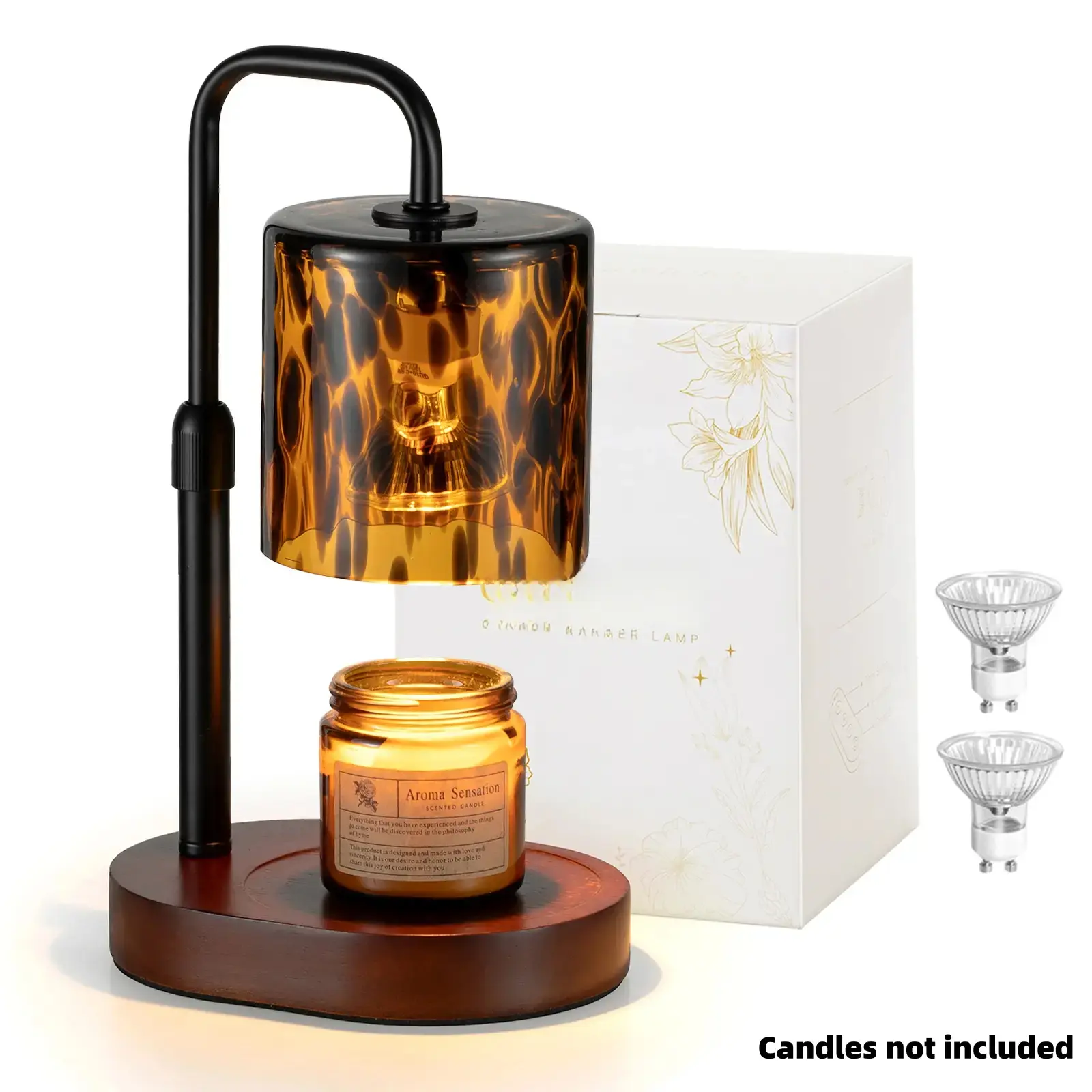 Tortoise Shell Wood Candle Warmer Lamp, Black Vintage Leopard Dimmable Lamp with 2 Bulbs, Height-Adjustable Timer, Room Decor for Living Room, Christmas Gift for Women