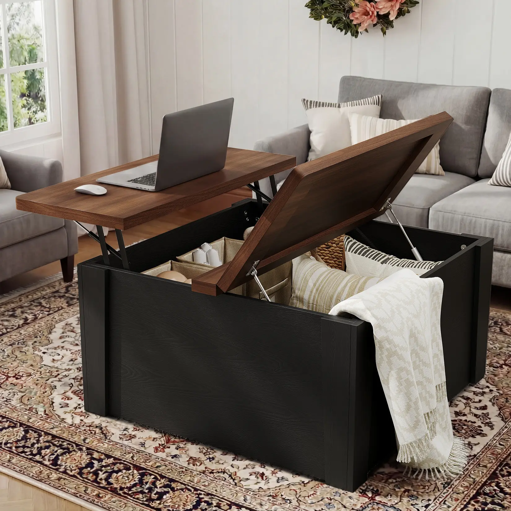 31.5 Inch Square Lift Top Coffee Table with 1.18 Inch Thick Dual Flip-Top, Gas Strut Lift Mechanism and Hidden Storage Compartment for Living Room