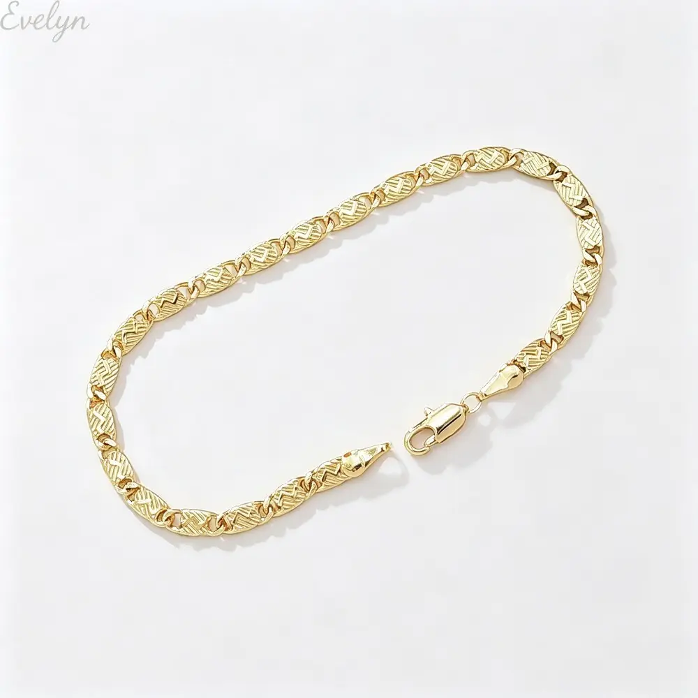 Women Gold Flat Link Bracelet, Engraved Texture Waterproof Gold Plated Chain Bracelet, Lightweight 4.6g Stackable Minimal Bracelets For Everyday Casual Dating Outfit