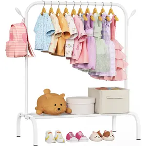 Upgraded Kids Clothing Rack, Small Portable Garment Rack with Storage Shelf and Hooks for Baby Toddler Montessori Wardrobe, Holds Costumes Princess Dresses & Shoes, White