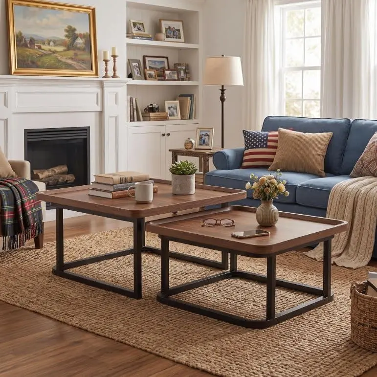 Walnut Nesting Coffee Tables Set of 2 - Space-Saving Indoor Side Tables Nesting Set with Square Tops