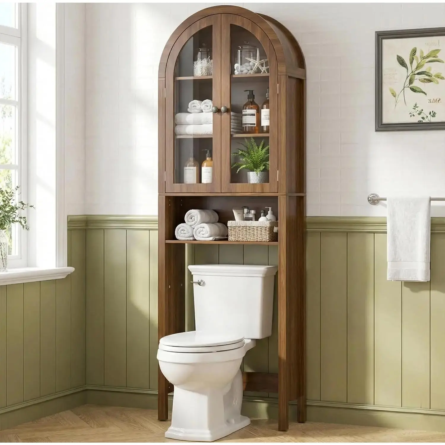 Modern Arched Over-The-Toilet Storage Cabinet with Acrylic Doors, 4-Tier Slim Narrow Shelf Organizer, Adjustable Shelf, Magnetic Snap Shut, MDF Resists Daily Bathroom Wear, Dust-Free Access, Anti-Tip Kit Included, Shelf Toilet