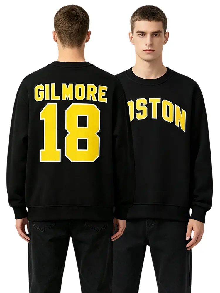 Happy Gilmore #18 Long Sleeve Crewneck Sweatshirt Boston Adam Sandler 1996 Movie Hockey Jersey, Graphic Printed Sportswear, Black White Blue, S-5XL, 90s Hip Hop Clothing, Casual Athletic Shirt, Gym Pullover, Party Outfit, Fan Apparel, Gifts