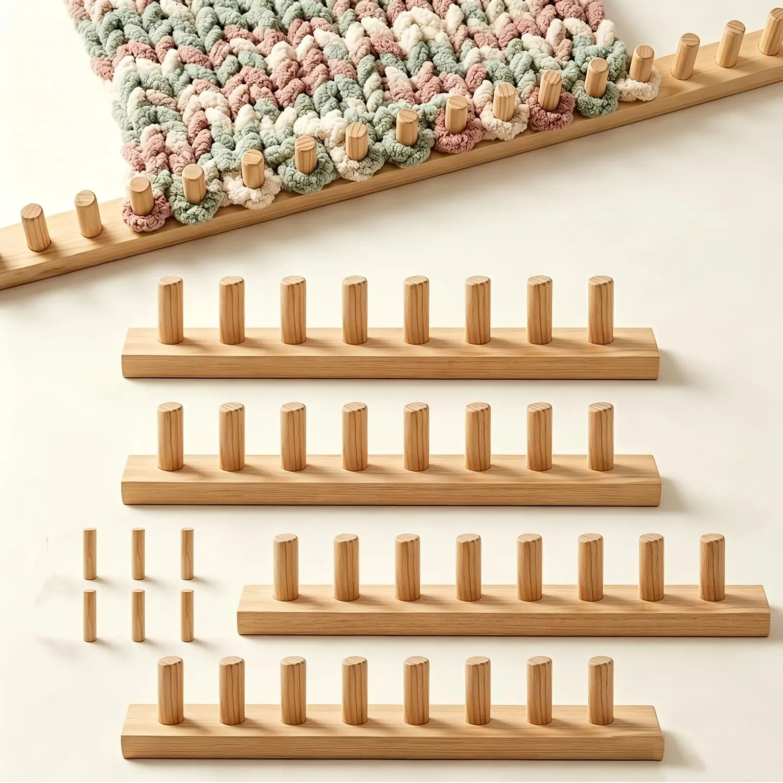 64-inch Four-Section Thick Yarn Knitting Machine Set, Adjustable Wooden Blanket Knitting Machine, Four Sections | Wooden, DIY Knitting, Four-Section Adjustable, 4-Section Knitting Machine, No Needles Required, Suitable for Knitting Blankets