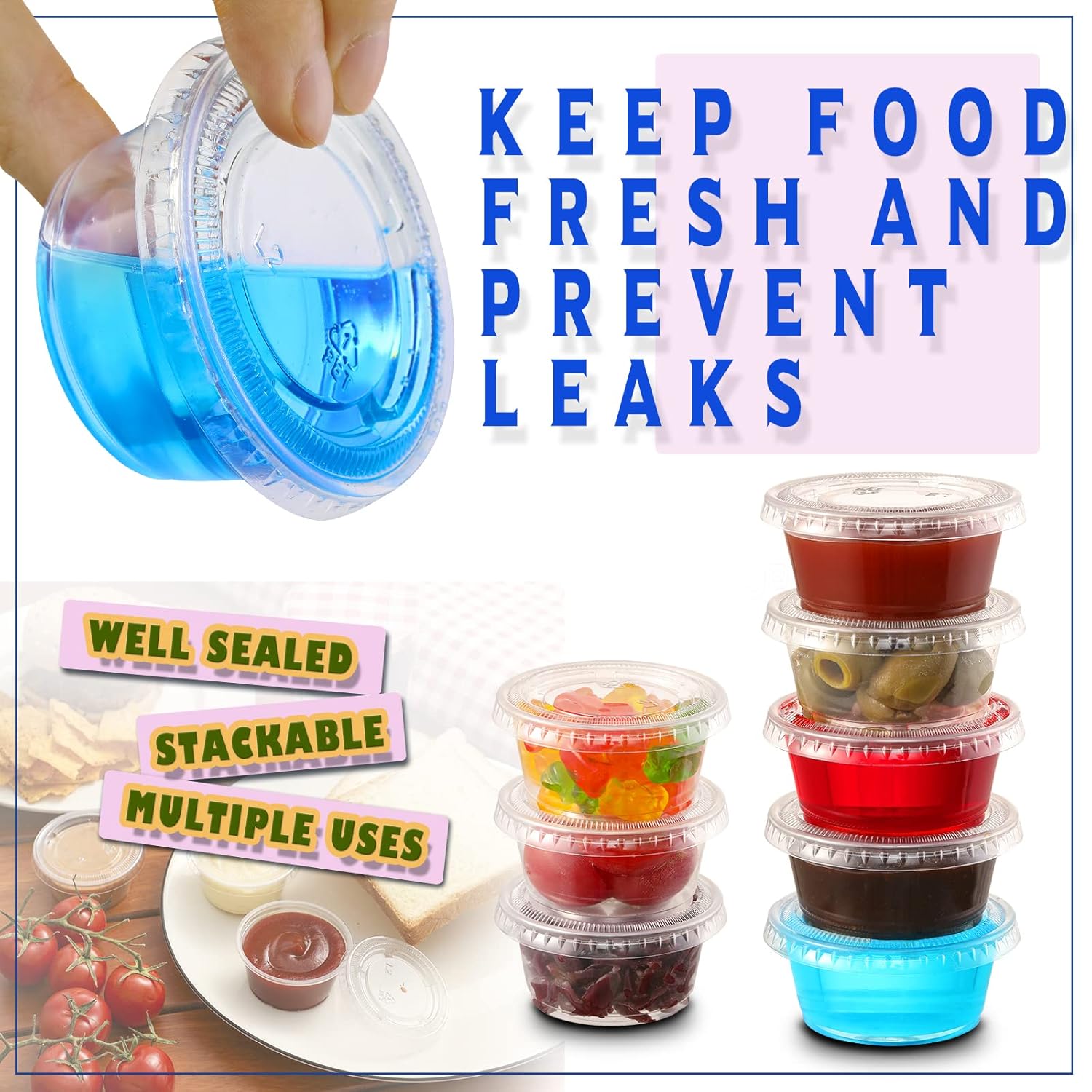 130 sets - 2 oz Jello Shot Cups, Small Plastic Containers with Lids, Airtight and Stackable Portion Cups, Salad Dressing Container, Dipping Sauce Cups, Condiment Cups 130 sets - 2 oz Jello Shot Cups, Small Plastic Containers with Lids, Airtight and Stackable Portion Cups, Salad Dressing Container, Dipping Sauce Cups, Condiment Cups