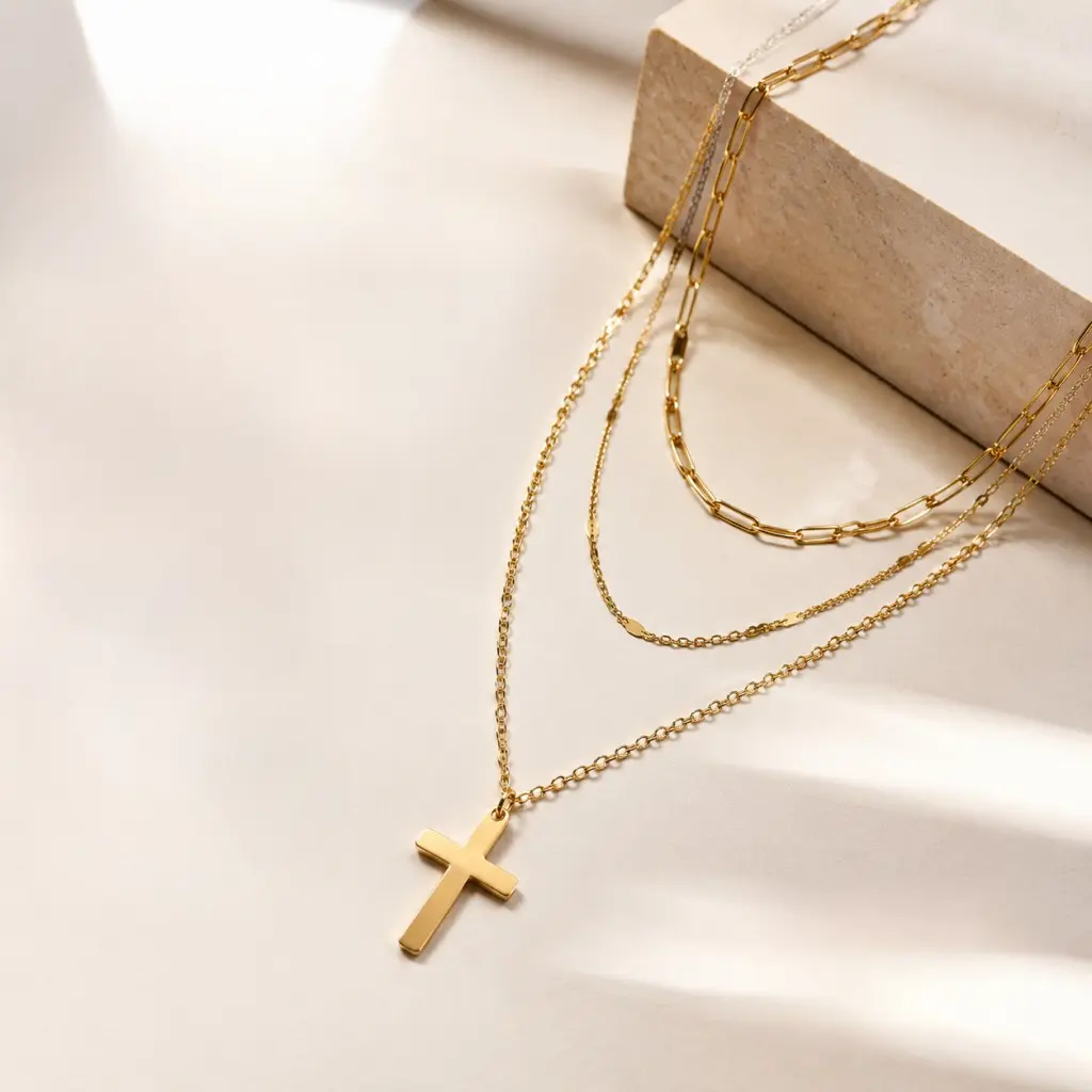 Layered Cross Necklace for Women, 14K Gold Plated Stainless Steel Multi Layer Chain Cross Pendant Necklace, Minimalist Dainty Stackable Cross Neck Jewelry, Tarnish Resistant Adjustable Layering Necklace, Everyday  Fashion Religious Jewelry Gift name plate