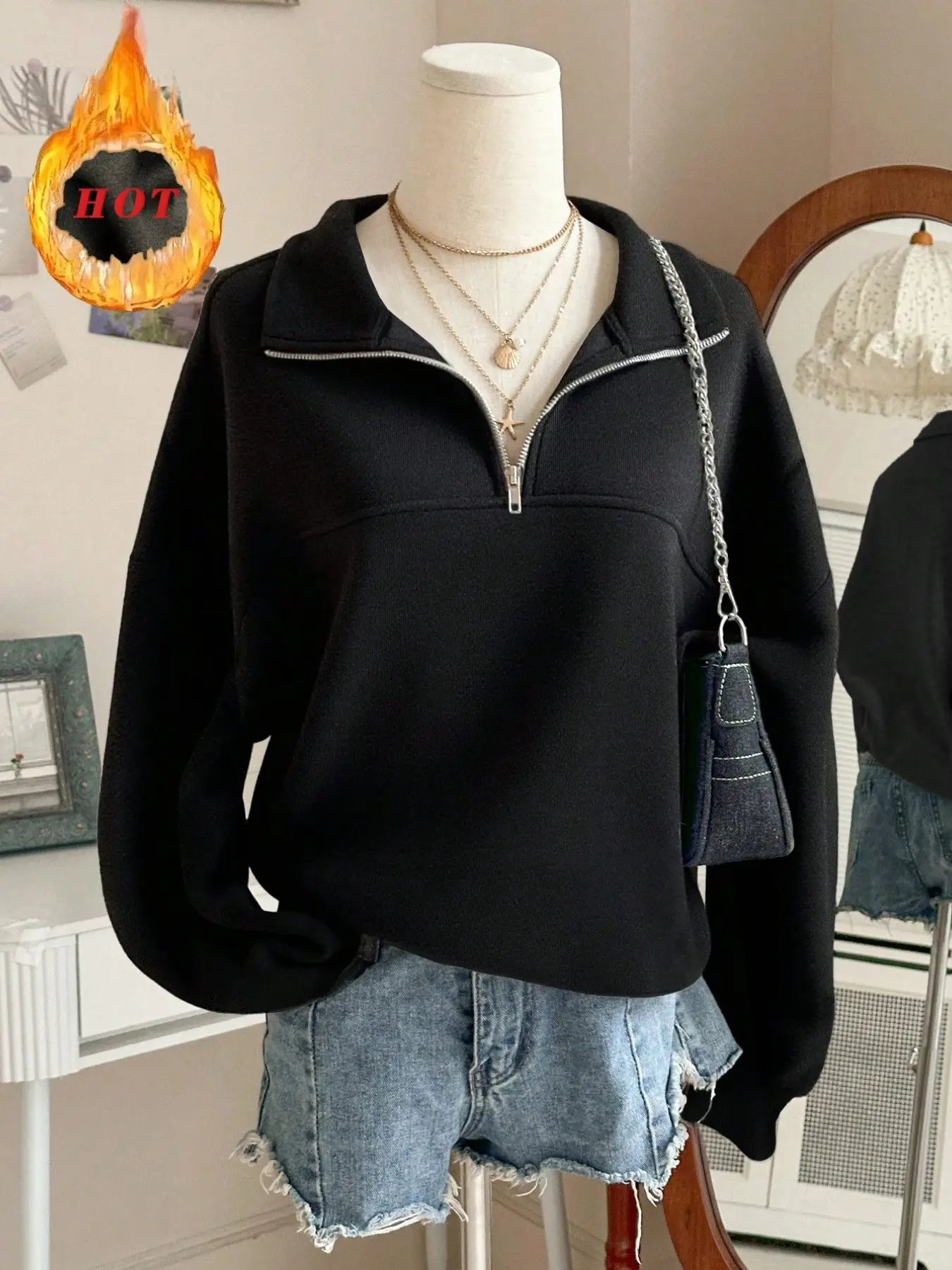 Y2K Fall Women Loose Fit Quarter Zip Lapel Sweatshirt,Relaxed Oversized Drop Shoulder Silhouette,Chic Minimalist Preppy Style,Casual Hangout Going‑out Daily Autumn Streetwear Tops For Women Zipper