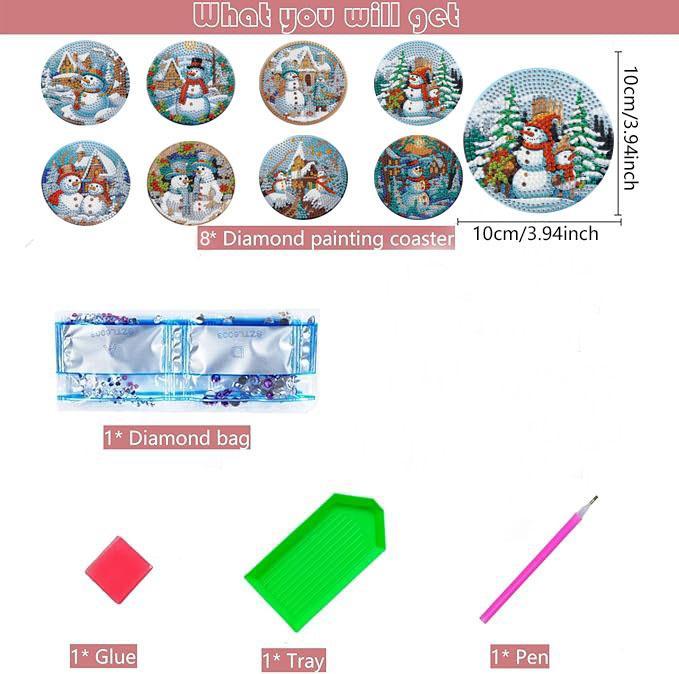 Snowman Cartoon Diamond Art Coasters With Display Holder, Diy Round Painting Craft Kit For Home Table Decor, Colorful Anti‑Slip Drink Coasters With Heat Insulation For Daily Use